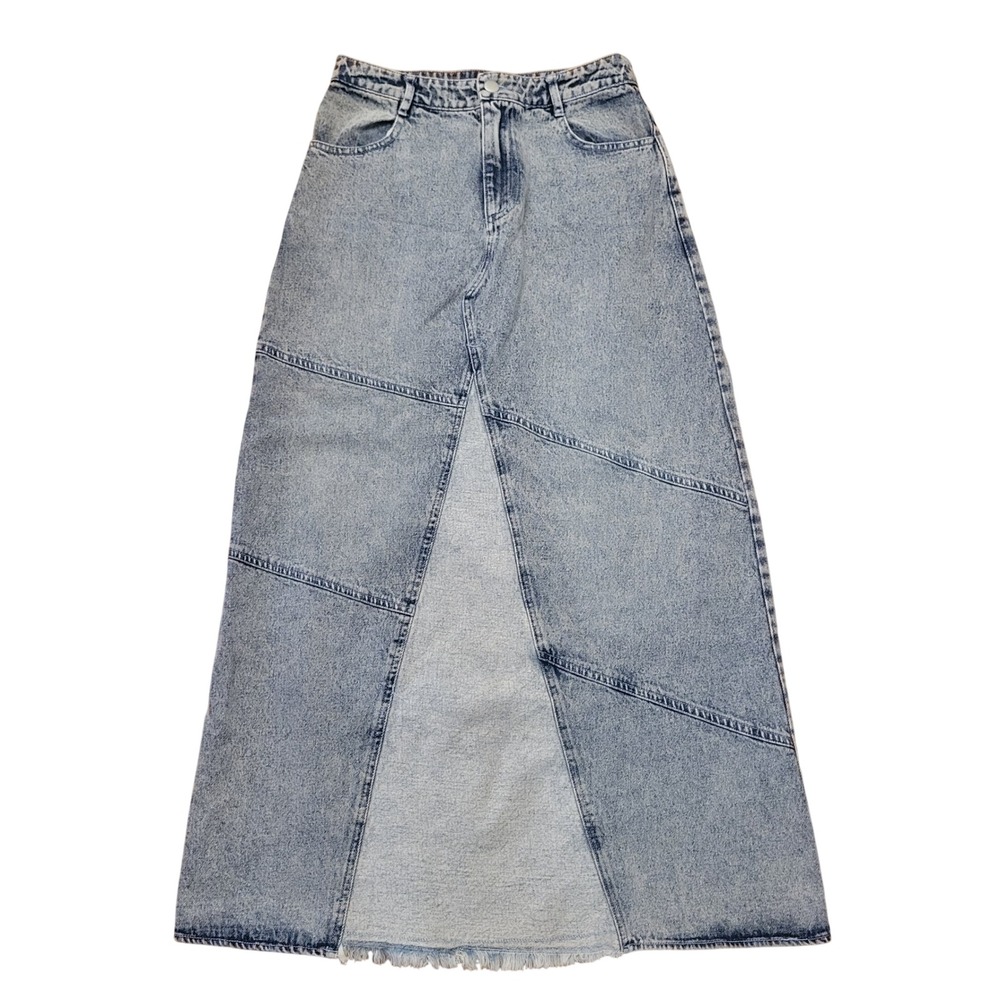 Cloud Ten S Maxi Skirt Light Blue Acid Wash Paneled Raw Hem Grunge Modest Y2K 27